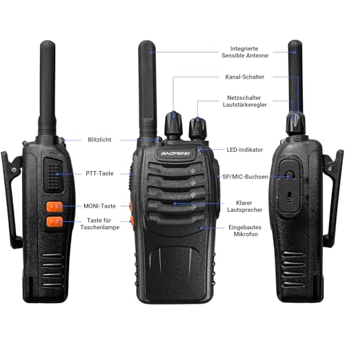 Baofeng Walkie Talkies PMR446 Funkgeräte Zwei-Wege-Radio Professionelle Große Reichweite 16 Kanäle VOX Wiederaufladbares Walkie Talkie BF-88X, Inklusive Ohrhörer, Akku und Ladegerät(2 Stück)