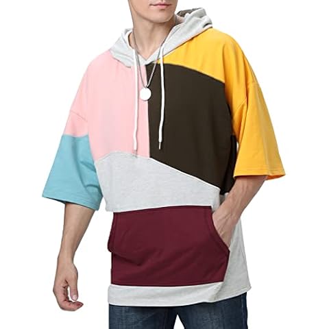 Moshtashio T-Shirt Men's Hooded Sweatshirt Cotton Short Sleeve with Hood Patchwork Pullover with Contrasting Colour Unisex Spring Summer Autumn, pink, XL Cover