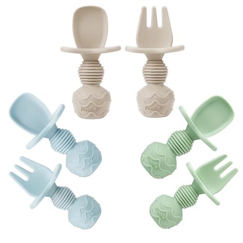 PandaEar 6 Pack Silicon Babylöffel und Gabel Fütterung Set-Gegenkokals Erstes selbstfüttere Utensilien für Baby-LED-Absetzerhäuser im Alter von 3 Monaten (Blaugrüne Bräune)