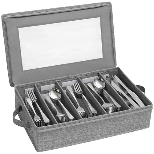 Lifewit Silverware Storage Box, Flatware Organizer with Zipper Lid, 5 Compartment Cutlery Case with Adjustable Divider and Handle, Utensil Container for Spoon Fork Knives Tableware, Gray, 1 Pack