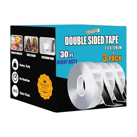 ANLOKE Double Sided Tape Heavy Duty (3 Pack), 1.2 Inch x 30 FT， Clear Extra Large Nano Tape, Double Sided Adhesive Tape for Walls, Posters, and Carpet Tape, Removable Cover
