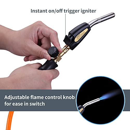 Propane Torch Hose Kit, Mapp Gas Torch Heat 3600℉ Map Gas Torch Kit Trigger Start & Flame Adjustment, Soldering Welding Torch Fuel by MAPP, Map/Pro,Propane(Includes Cylinder Clip)