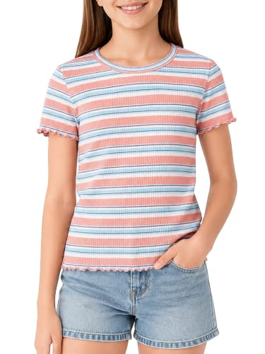 Image of Girls Striped T-Shirt Lettuce Trim Short Sleeve Top Size 6-16 | Soft stretch ribbed knit fabric, breathable blouse,summer outfit for big girls & teen, for school, party and daily activity