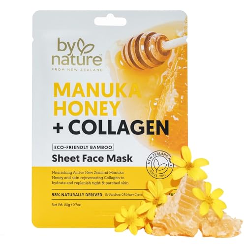 By Nature Manuka Honey + Collagen Sheet Face Mask Hydrating & Firming Skincare Moisturizing Face Mask for Dry or Tired Skin Anti-Aging Self Care Sheet Mask (Pack of 12)