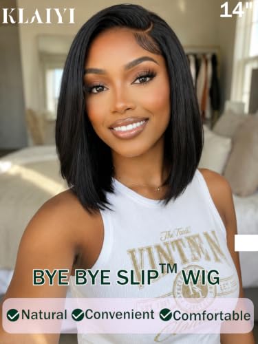 Image of KLAIYI Bye Bye Slip Straight Bob Wigs Human Hair Side Part Glueless Precut 6x4 Lace Front Wigs Drawstring Pre Plucked Bleached Knots Sleek Blunt Cut 30S Ready to Wear and Go Wig 220% Density 12Inch