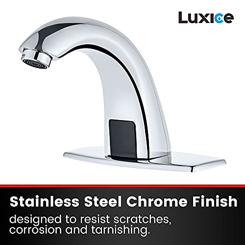 Luxice Automatic Touchless Bathroom Sink Faucet With Hole Cover Plate, Ac/Dc Powered Sensor Hands Free Bathroom Tap With Control Box And Temperature Mixer, Battery Or Plug-In Sensor, Chrome Finished #TOP4