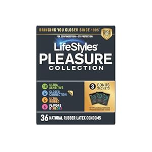 LifeStyles Pleasure Collection Assorted Lubricated Natural Latex Condoms, 36 Count, 3 Bonus Personal Lubricant Sachets, Triple Tested (Pack of 1)​