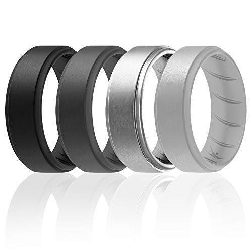 ROQ Silicone Rings, Breathable Silicone Rubber Wedding Ring Band for Men with Comfort-Fit Design, 8mm Step Edge, 4 Pack, Silicone Wedding Ring - Black, Grey, Silver, Light Grey Colors - Size 9