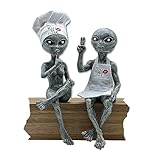 Alien Invasion “Kiss The Cook” Alien Statues Ledge Loungers with Chef’s Hat & Apron 10 “ H Alien Figurines Funny Kitchen Home or Patio Decoration – Set of 2 (Grey)