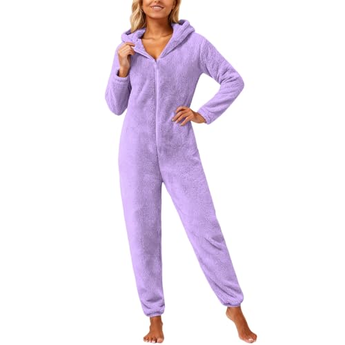 Pyjama femme pour l'automne et l'hiver avec capuche et zip tenue de nuit violette S