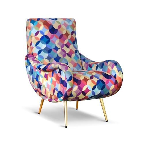Altavilla Poltrona Miss Design Motivi Vintage Tessuto Multicolor Gambe Oro MADE IN ITALY, 90x70x90 cm