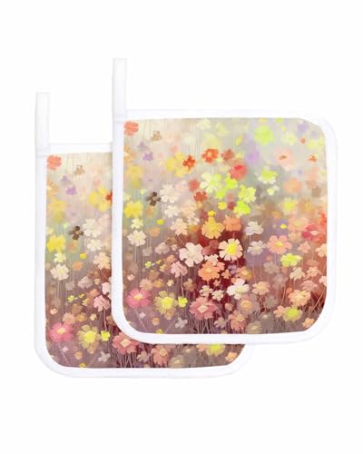 2 Packs Daisy Floral Pot Holders Sets for Kitchen Oven Pan Plate Bowl Pads Heat Proof Mat with Hanging Loop Thick Terry Cloth Potholders For Cooking Baking Colorful Flower Blossom Paintings Watercolor