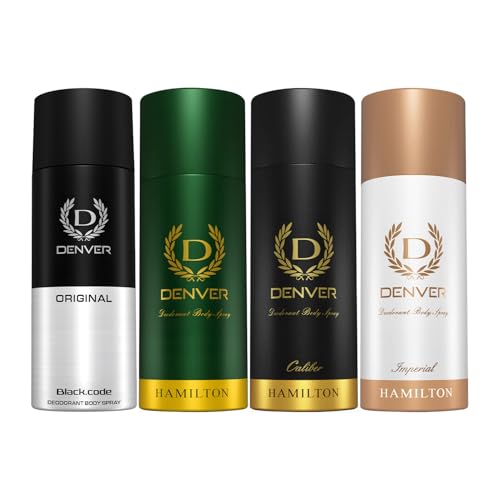 Image of DENVER Hamilton, Imperial, Black code & Caliber Deodorant For Men - 150 ML Each, Pack of 4 | Long Lasting Deodorant Body Spray For Men
