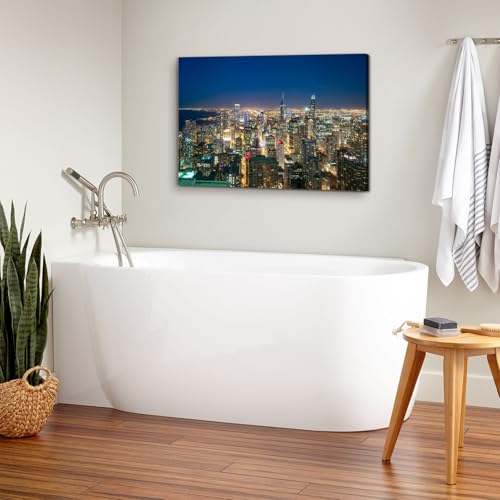 Image of AREBOLO Chicago Skyline Wall Art America Famous City Night View Paintings Canvas Prints Cityscape Buildings Wall Decor Bedroom Decorations Modern Posters Framed Large Artwork 24x36 Ready to Hang