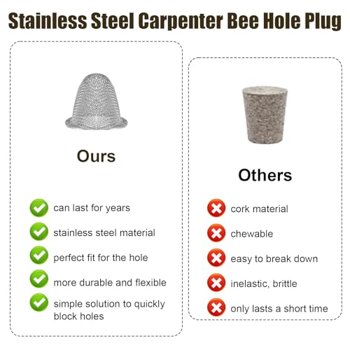 Image of 50pcs Carpenter Bee Hole Plugs, Stainless Steel Tapered Carpenter Bee Hole Cork Fix Covers with Metal Install Tool Repair Kit Carpenter Bee Filler for Porches Fences Wood Structures