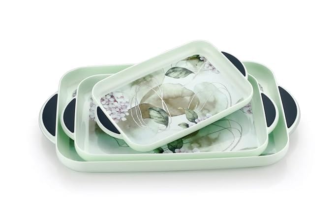 Image of Serving Tray Set of 3 with Handle for Serving Tea, Coffee, Snacks and Multipurpose Use | A Designer Tray for Kitchen, Home, Office, Hotel | with 3 Different Size (Leaf)