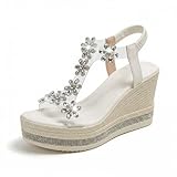 CSRZPMG Women Rhinestone Platform Wedge Sandals 2026 Summer Casual Comfortable Beach Dressy Rome Open Toe Floral Sandal Elastic Ankle Strap Boho Sandals