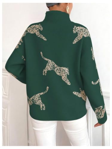 Image of WDIRARA Women's Leopard Tiger Print Sweater High Neck Long Sleeve Fuzzy Knitted Pullover Top