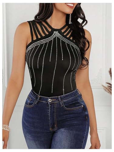 SOLY HUX Women's Tank Tops Sparkle Rhinestone Cut Out Sleeveless Slim Fit Party Top4