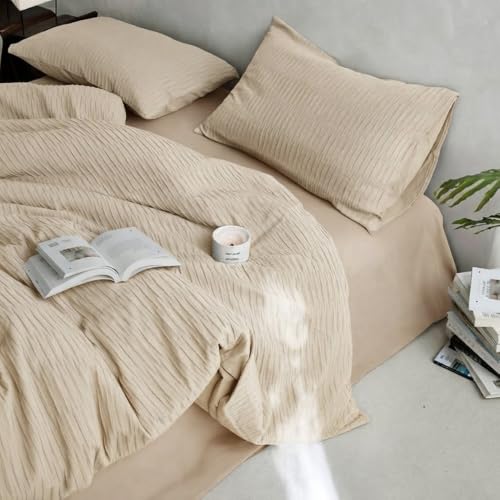 Covebett Seersucker Bettwäsche 135x200 2teilig Beige Gestreift Atmungsaktiv – Ansicht 6