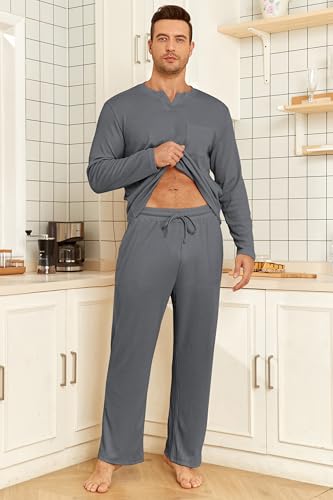 Image of JiniGolla Mens Pajamas Set Soft Short Sleeve Top and Pant Loungewear Sets 2 Piece Pjs with Pockets
