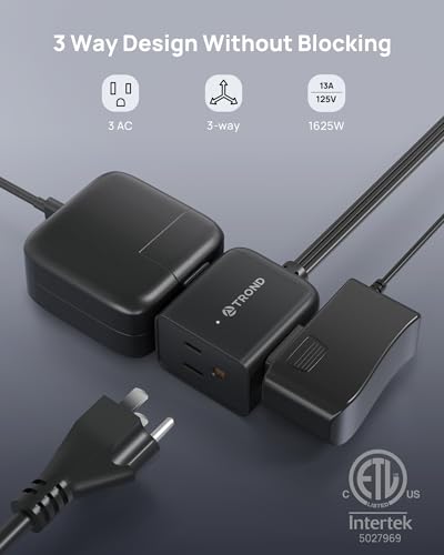 Image of TROND Flat Extension Cord 10ft - Right Angled Flat Plug Power Strip, ETL Listed, 3 Plug Extension Outlets, Three Prong, SPT 16 /3 Gauge Cable, 13 Amps, Compact for Indoor Home Office Kitchen, Black