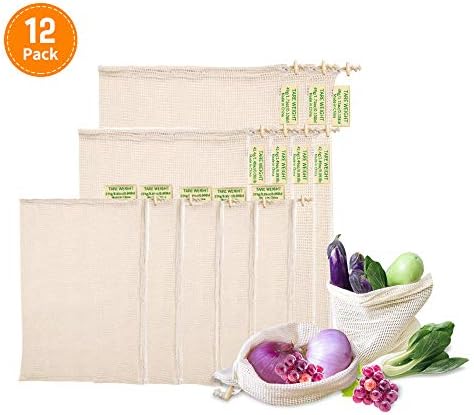Reusable Produce Bags, LONGMADA 100% Organic Cotton Mesh Veggie Bags | Machine Washable | Eco-friendly | Recyclable Biodegradable Grocery Bag | Set of 12(3 Large，4 Medium, 5 Small)
