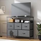 GoaHi 5 Drawer Chest of Drawers with Storage Shelf, Industrial Steel Frame & MDF Top, Fabric Drawer Storage Unit for Bedroom, Living Room, Hallway or TV Unit,Deep Grey