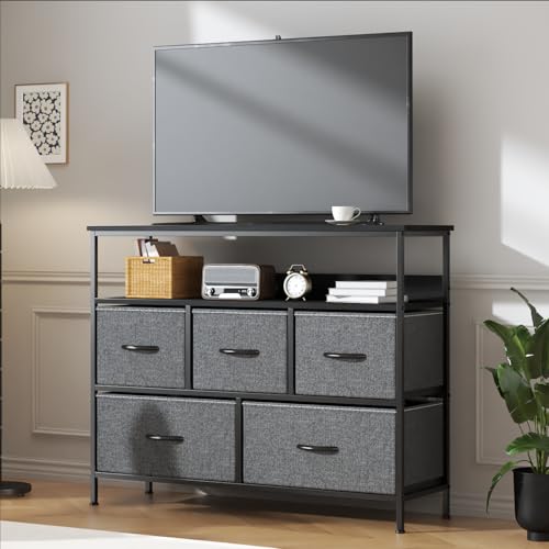 GoaHi 5 Drawer Chest of Drawers with Storage Shelf, Industrial Steel Frame & MDF Top, Fabric Drawer Storage Unit for Bedroom, Living Room, Hallway or TV Unit,Deep Grey