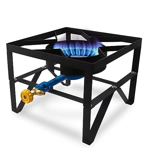 Sonret Single Burner Propane Gas Stove - Square Outdoor Propane Burner Heavy Duty - Portable Gas Stove Burner Propane Outdoor Burner - with Hose Pipe, Adjustable 0-20Psi Regulator for Home Brewing