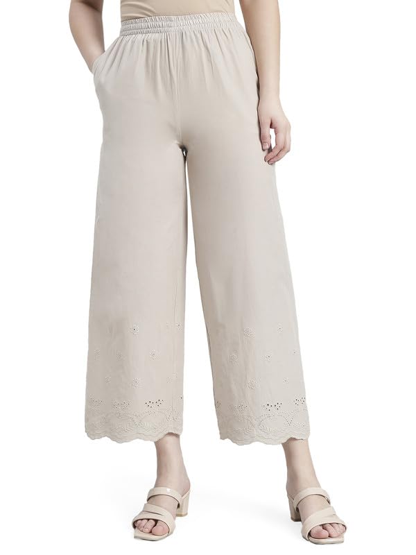 Image of GO COLORS Women Cotton Hakoba Wide Pant Ankle Length, Floral Embroidery, Relaxed Fit, Mid-Rise with Side Pocket