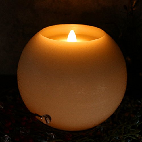 Image of CVHOMEDECO. Moon Sphere Wax LED Dancing Flame Candle Ball Battery Operated Wax LED Flameless Candle with Timer and Remote Control, Dia. 6 X H 5 Inch, Cream