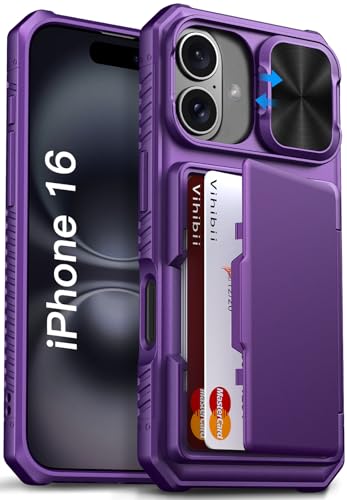 Image of Vihibii for iPhone 16 Case Wallet with Card Holder (4 Cards) [RFID Blocking] & Slide Camera Cover, Military Grade Drop Protection, Hard Back & Silicone Edge Phone Case, 6.1 inch 2024, Dark Purple