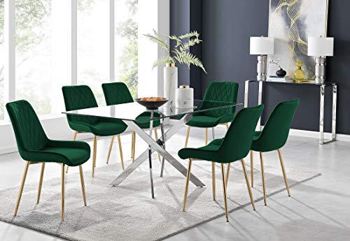 Furniturebox UK Leonardo Clear Rectangular Tempered Glass and Silver Chrome Intwined Leg 6 Seater Kitchen Dining Table & 6 Green Velvet Gold Leg Pesaro Dining Chairs