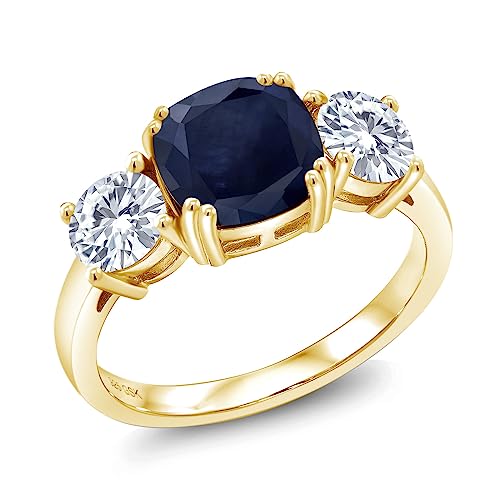 Gem Stone King 18K Yellow Gold Plated Silver Blue Sapphire and White Moissanite 3 Stone Engagement Ring For Women (3.82 Cttw, Gemstone September Birthstone, Cushion 8MM, Available in Size 5,6,7,8,9)