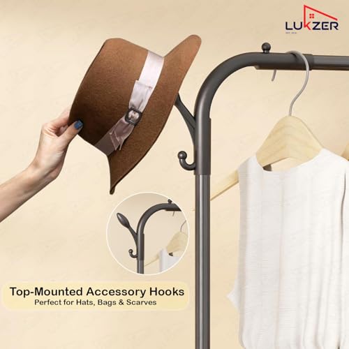 Image of Lukzer Metal Garment Stand /Cloth Stand with 2 Bottom Stylish Design Shelves Multipurpose Display Standing Rack Unit (Black /145 x 35 x 54 cm) CH-004