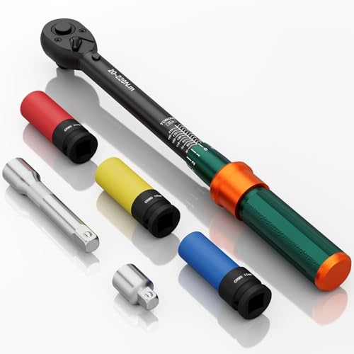 NADOKHI Drehmomentschlüssel 1/2'', 20-220Nm, Auto Drehmomentschlüssel Set 6-tlg. mit Stecknüsse 17mm/19mm/21mm, 125mm Verlängerungsstange, 1/2'-3/8' Adapter, für Reifenwechsel Auto und Motorrad