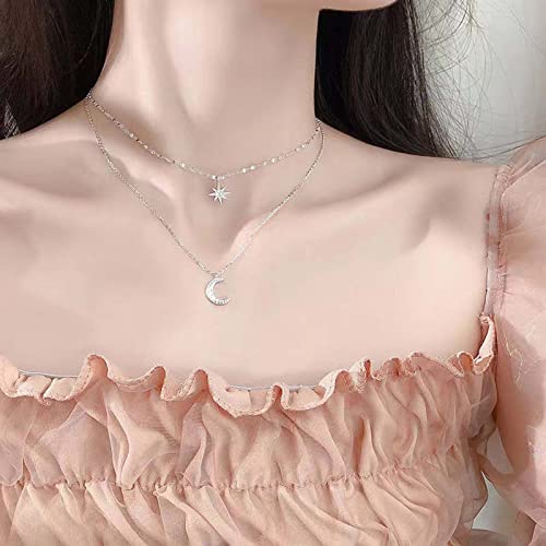 Boho Layered Crystal Star Moon Choker Necklace Silver Cz Crescent Moon Pendant Necklaces Rhinestone Northstar Necklaces Rhinestone Star Necklace Chain Jewelry for Women(Style A) 5