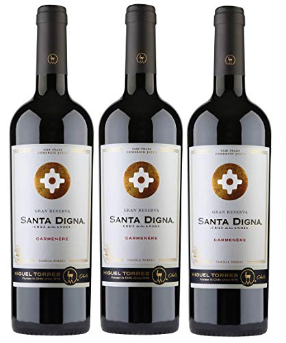 Santa Digna Carmenère, Vino Tinto - 3 botellas de 75 cl, Total: 2250 ml