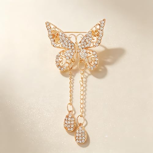 Image of Gold /Silver Butterfly Brooches for Women Rhinestone Tassel Butterfly Pin Brooch Dainty Crystal Lapel Pin Animal Insect CZ Brooch Lapel Pin for Coats Jackets Sweaters Accessories