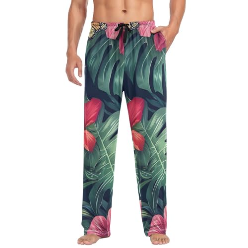 Men's Pajama Pants Tropical Leaf and Flowers Sleep Pajama Lounge Pant with Pockets, Elastic Waistband3