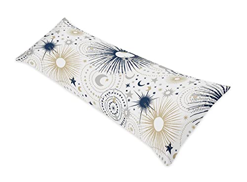 Image of Sweet Jojo Designs Star and Moon Body Pillow Case Cover (Pillow Not Included) - Navy Blue, Gold, and Grey Celestial Sky Stars Gender Neutral Unisex