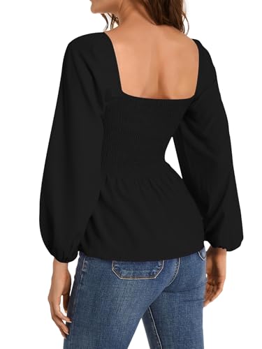 Umenlele Women's Long Sleeve Square Neck Shirred Ruched Ruffle Peplum Blouse Shirt Tops2