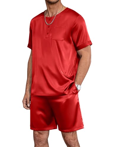 Image of Ekouaer Mens Pajamas Set Silk Satin Pjs Sets Summer Short Sleeve Button Down Sleepwear 2 Piece Loungewear with Pockets