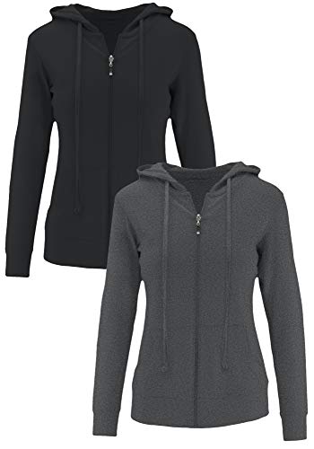 ClothingAve. Womens Basic Cotton Blend Long Sleeve Zip-Up Hoodie/Jacket Lightweight 2 Pack : Zip Up - Black, Charcoal 1X