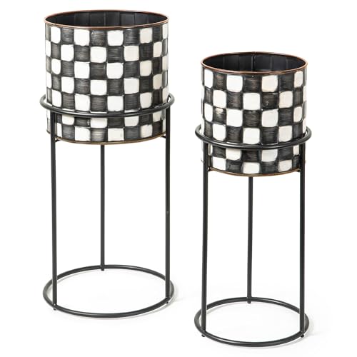 Image of MACKENZIE-CHILDS Set of 2 Check It Out Metal Planters, Black-and-White Garden Planter