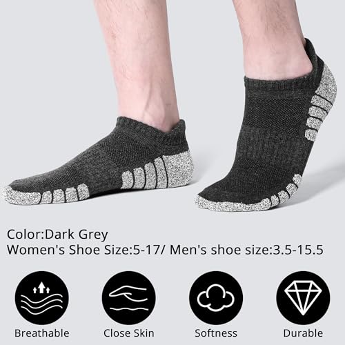 Cotton Cushioned Low Cut Running Socks for Men & Women, Ankle Socks Dark Grey 6 Pairs Arch Support Breathable2