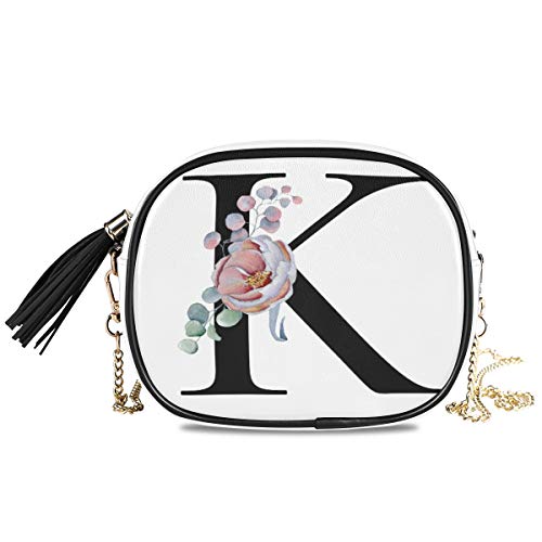 Women Girls Shoulder Crossbody Bag Floral Flower K Letter Quote PU Leather Sling Bag Purse with Adjustable Metal Chain Strap and Tassel3