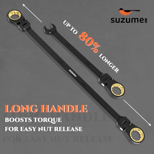 Image of SUZUME Extra Long Flex Head Ratcheting Wrench 14-15mm Metric Double Box End 180 Flexible Head 72-Tooth 15K Gear Tested CR-V Steel Black Chrome Finish For Automotive Brake Caliper Suspension & DIY