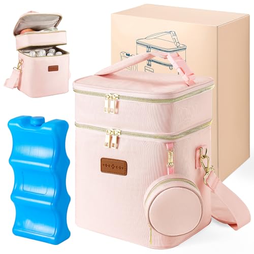 Image of Breastmilk Cooler Bag with Ice Pack & Pacifier Case, Large Double Layer Insulated Baby Bottle Cooler Fits 6 Bottles, Breast Pump Storage Bag for Working Nursing Moms, with Gift Box